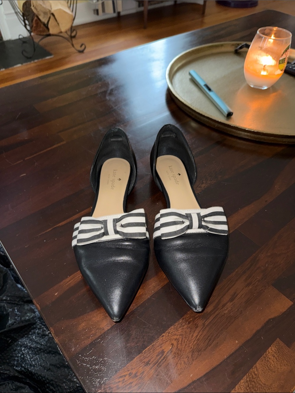kate spade Black Pointed-Toe D'Orsay Flats with Black & White Striped Bow